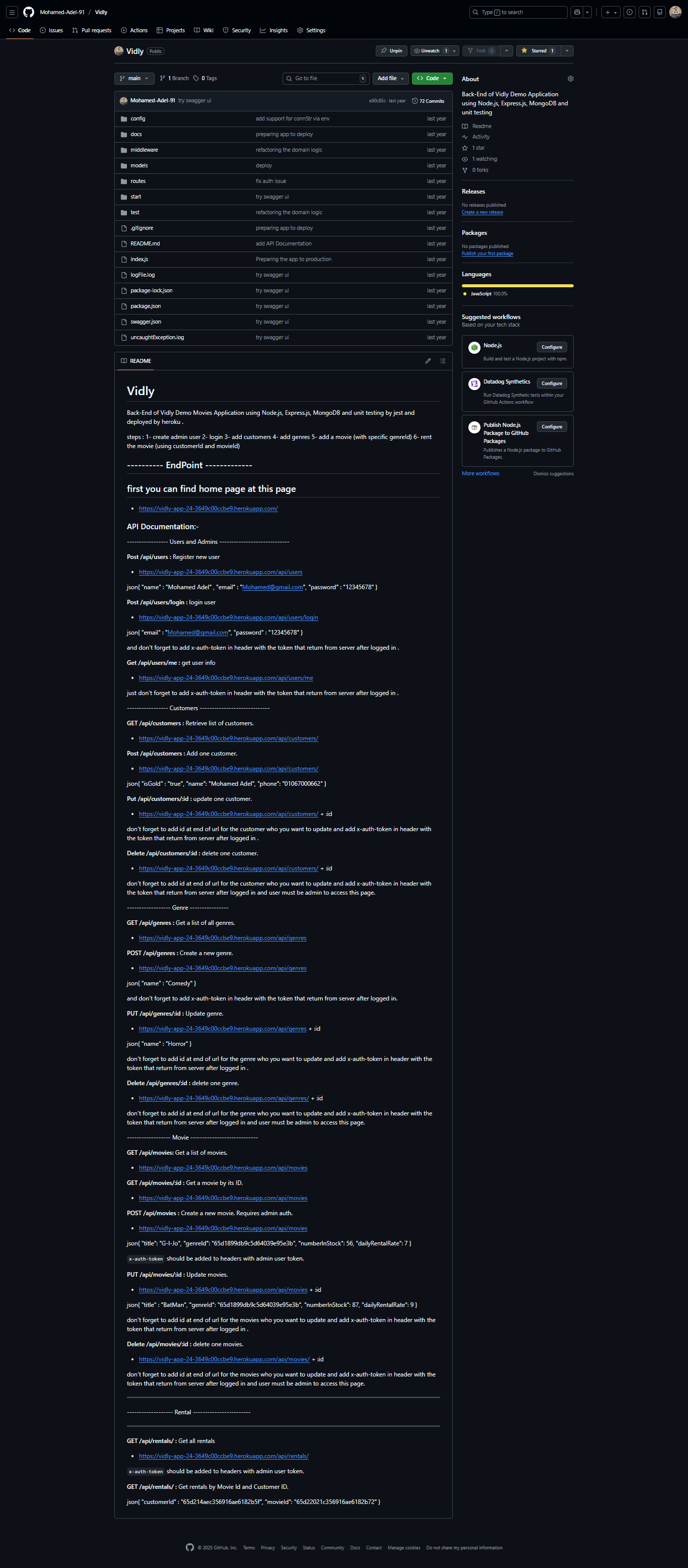Vidly App – Node.js Movies Rental Backend